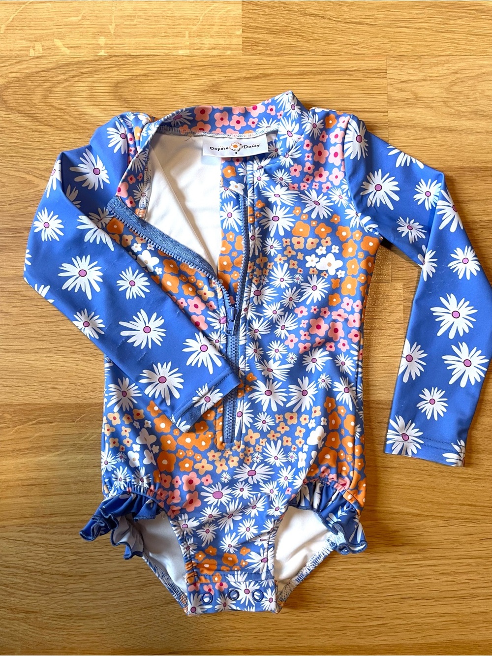 Toddler 2T Blue Floral Long-Sleeve One-Piece Swimsuit by Oopsy Daisy